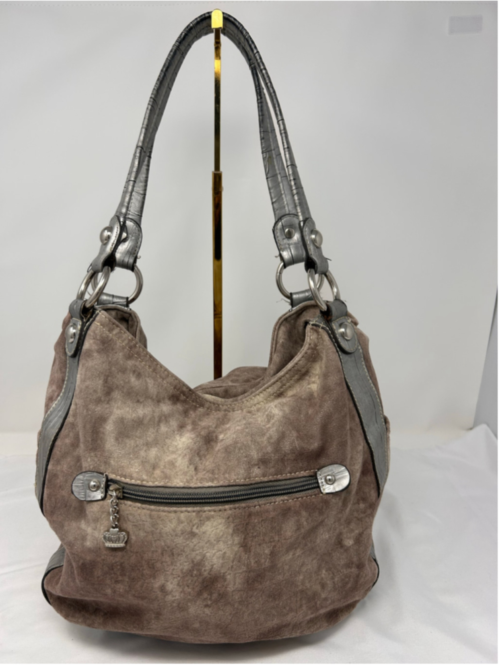 Kathy Van Zeeland Brown Faux Suede Hobo Bag Silver Croc Trim